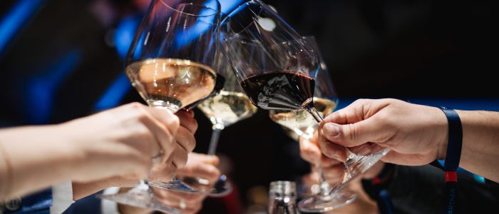 Eine Gruppe von Menschen stößt mit ihren Weingläsern an, die mit Weiß- und Rotwein gefüllt sind. Die Umgebung wirkt festlich, mit verschwommenen Lichtern im Hintergrund.