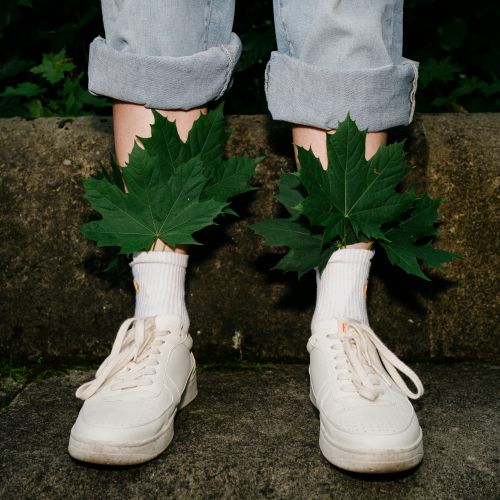 Eine Person in weißen Turnschuhen, weißen Socken und hochgekrempelten Jeans steht auf einem Steinweg und hat große grüne Blätter an den Knöcheln in die Socken gesteckt. Im Hintergrund sind eine Steinmauer und Grünpflanzen zu sehen.