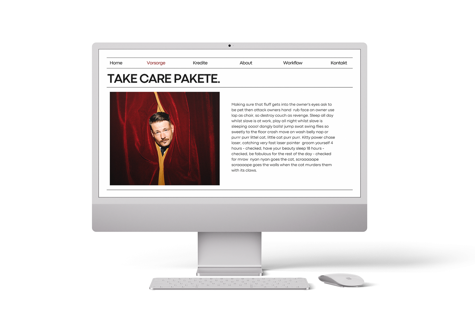 Auf einem Computerbildschirm wird eine Webseite mit der Überschrift TAKE CARE PAKETE angezeigt. Unter der Überschrift ist das Bild eines Mannes zu sehen, der durch einen roten Vorhang blickt, und daneben steht ein Textblock mit einer Beschreibung in deutscher Sprache. Eine Maus sitzt neben dem Monitor.