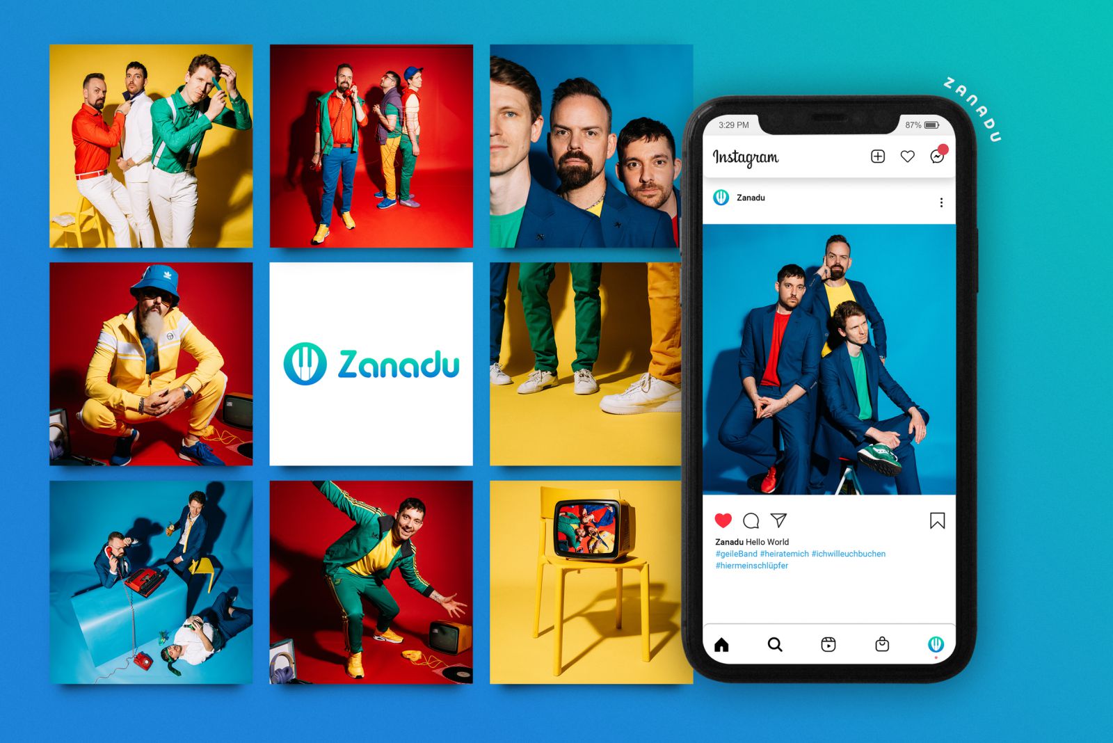 Eine bunte Collage zeigt drei Männer in farbenfrohen Anzügen, die in verschiedenen verspielten Szenen posieren, das Zanadu-Logo und ein Smartphone, auf dem ihr Instagram-Profil mit einem Foto des Trios vor einem blauen Hintergrund zu sehen ist.